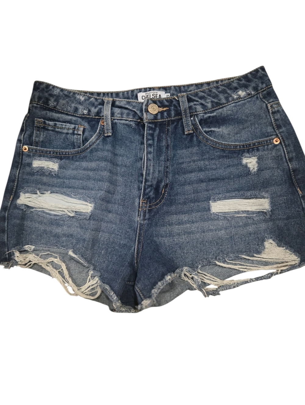Chelsea, High-Rise Distressed Denim Shorts - Dark Blue